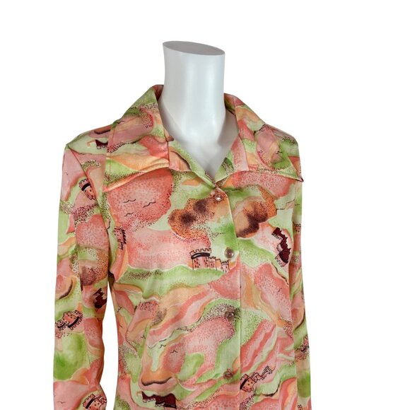 Vintage 70s Castle Blouse Women's Large Cloud Novelty Print Green Pink Top - Picture 3 of 10